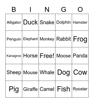 Animal Bingo Card