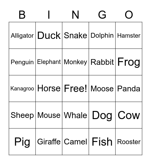 Animal Bingo Card