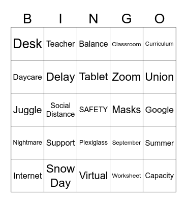 School Reopening Bingo Card