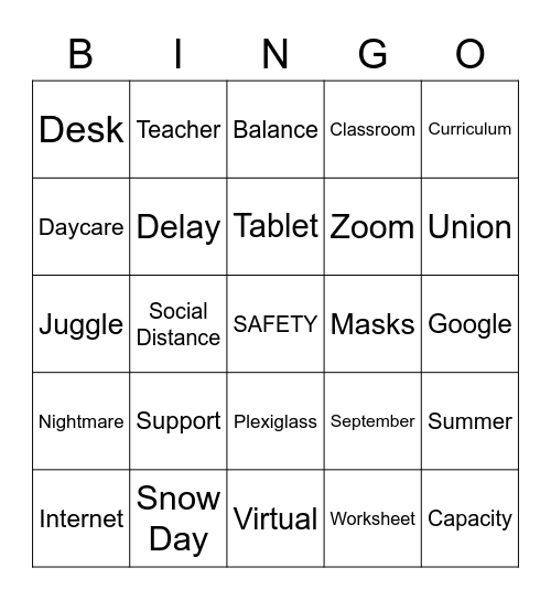 School Reopening Bingo Card