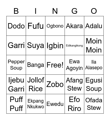 Nigerian Food Bingo Card