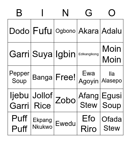 Nigerian Food Bingo Card