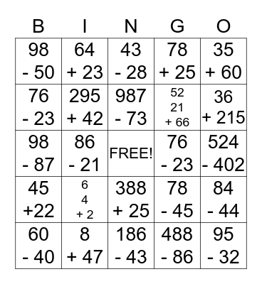 Addition/Subtraction Bing0 Bingo Card
