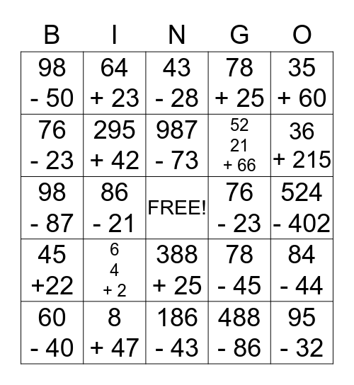 Addition/Subtraction Bing0 Bingo Card