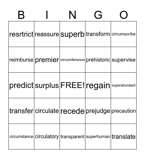 Vocabulary BINGO!! Bingo Card