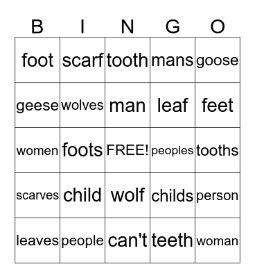 PLURALS Bingo Card