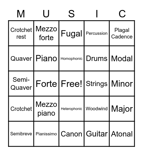 GCSE Music Theory Bingo Card