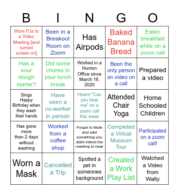 Remote Working Bingo Card