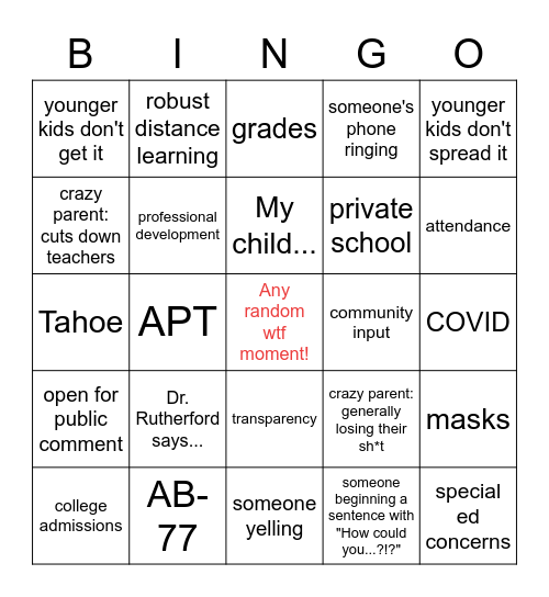 Board Meeting Bingo Card