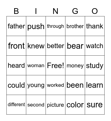Sight Words Bingo Card