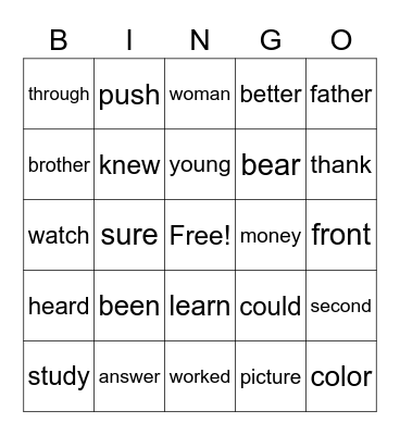 Sight Words Bingo Card