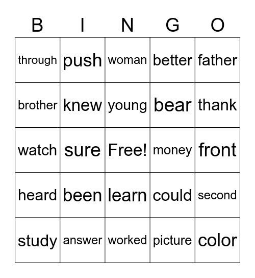 Sight Words Bingo Card