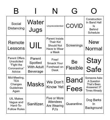 Marching Band COVID-19 Bingo Card