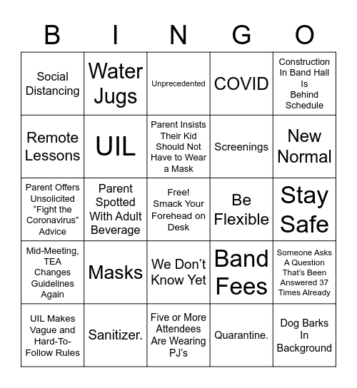 Marching Band COVID-19 Bingo Card