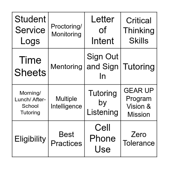 GEAR UP Training Bingo Card