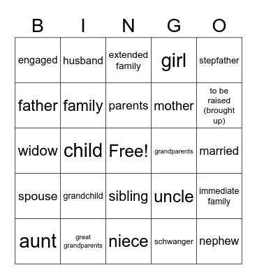 Family Vocabulary Bingo Card