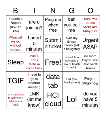 We're going to miss Melissa BINGO Card