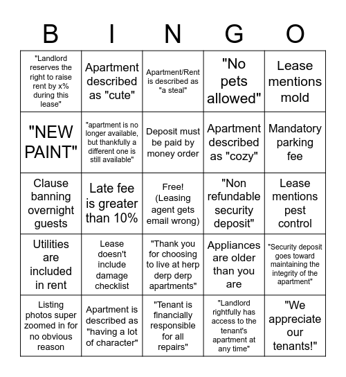 Apartment/Lease Bingo Card