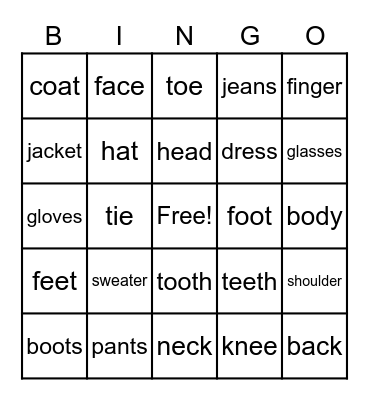 Body Parts and Clothes Bingo Card