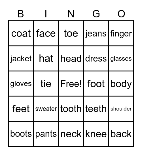Body Parts and Clothes Bingo Card