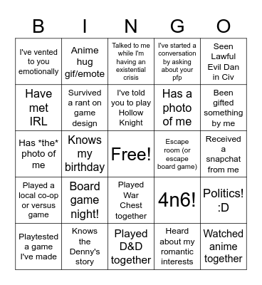 Arbitrary Dan Friendship Bingo Card