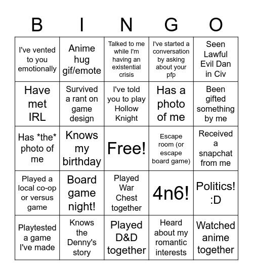 Arbitrary Dan Friendship Bingo Card