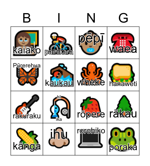 Kupu Māori Bingo Card