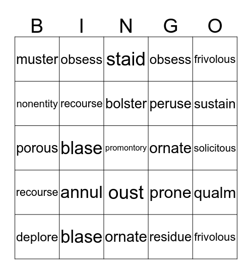 Unit 4 Vocabulary Words Bingo Card
