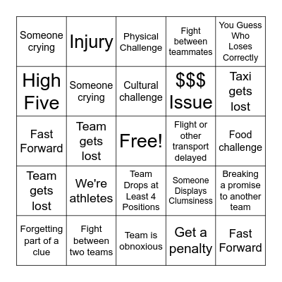 The Amazing Race Bingo Card