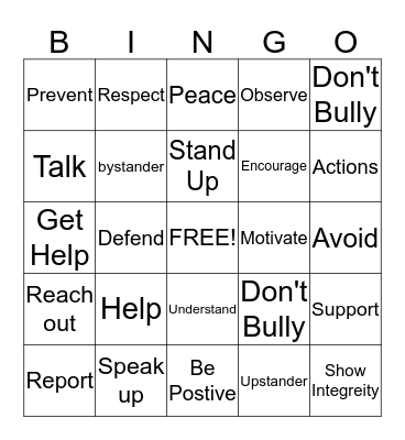 Bullying Bingo Card