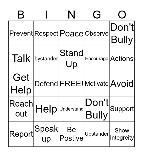 Bullying Bingo Card