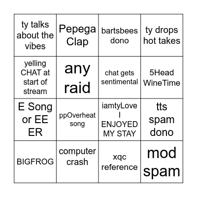 IAmTy Stream Bingo Card