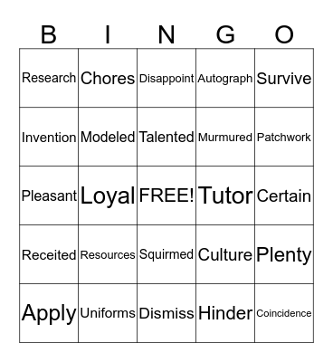 Vocabulary  Bingo Card