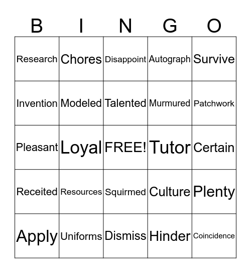 Vocabulary  Bingo Card