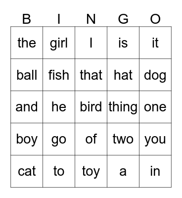 Sight Word Bingo Card