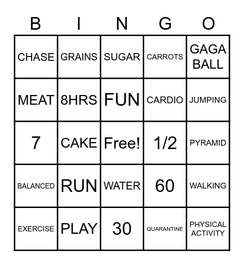 Healthy Living Bingo Card
