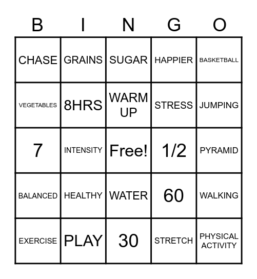 Healthy Living Bingo Card
