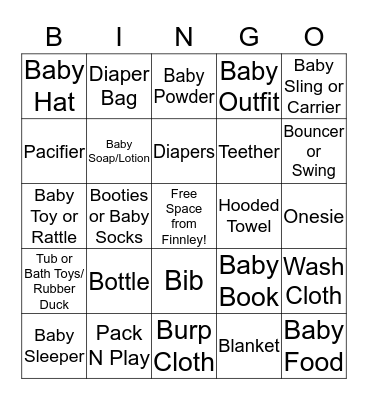 Finnley gift BINGO Card