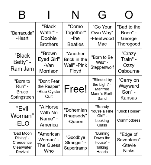 SINGO - '80s Hits Bingo Card