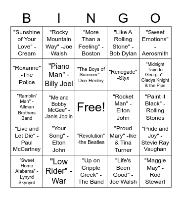 SINGO - Rock Hits Bingo Card