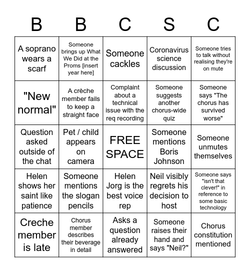 Chorus Bingo Card