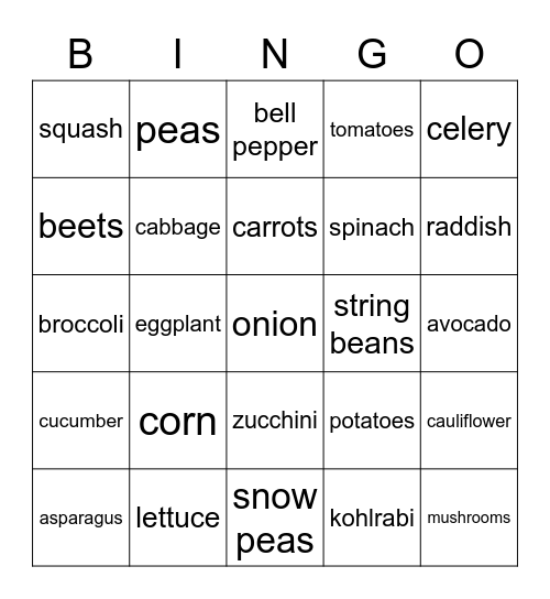 Vegetables Bingo Card