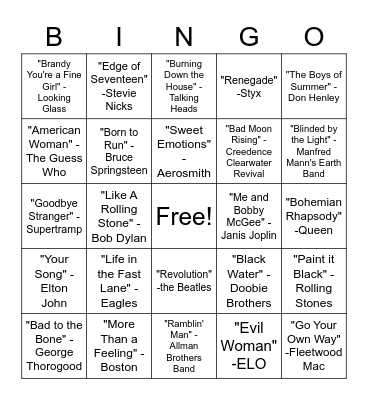 SINGO - Rock Hits Bingo Card