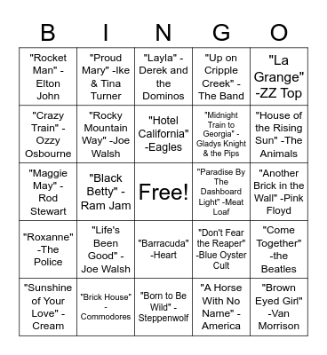 SINGO - Rock Hits Bingo Card
