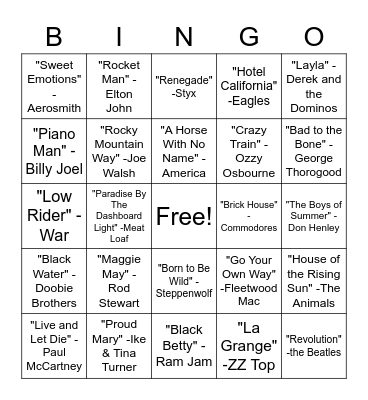 SINGO - Rock Hits Bingo Card