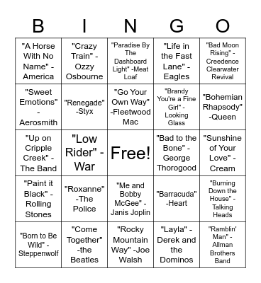 SINGO - Rock Hits Bingo Card