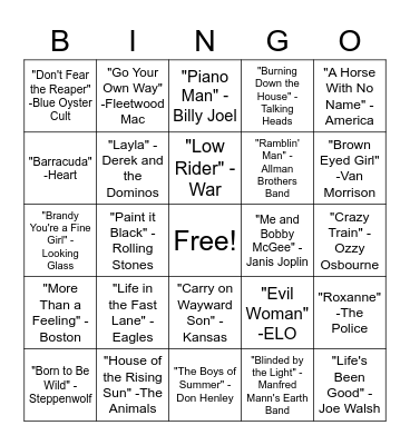 SINGO - Rock Hits Bingo Card