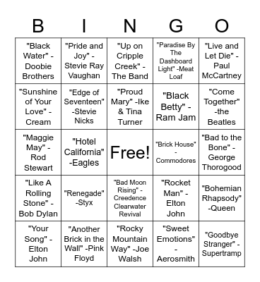 SINGO - Rock Hits Bingo Card