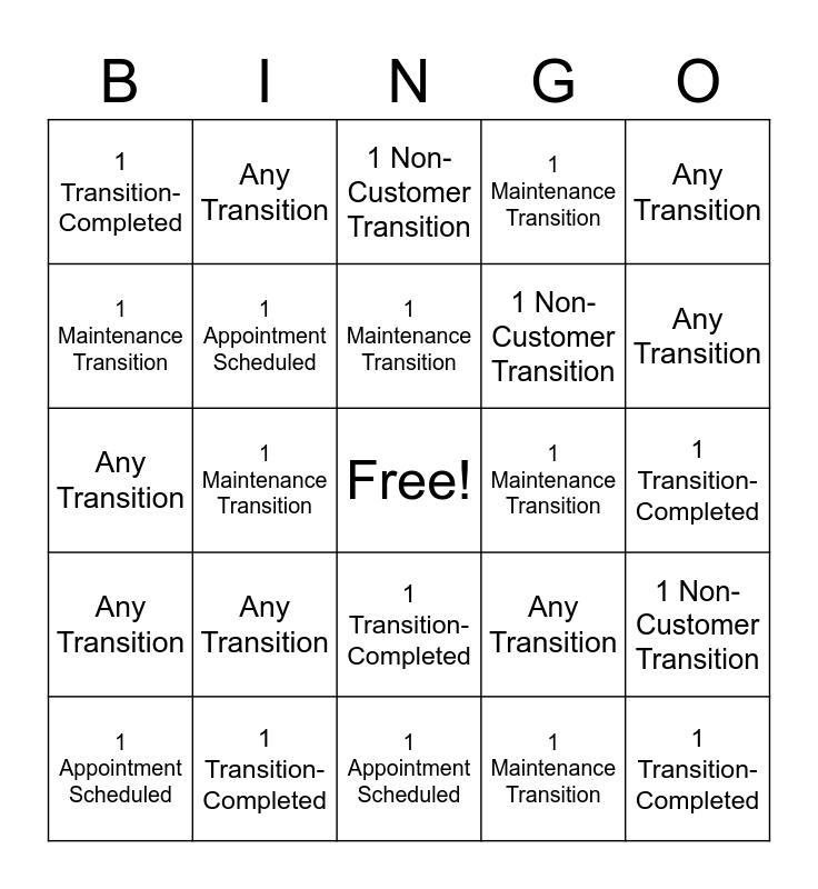 Transition Bingo Card