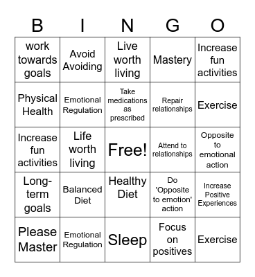 Emotional Regulation Words Bingo Card